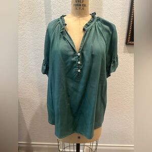 Lands' End Green Ruffle Neck Short Sleeve Henley